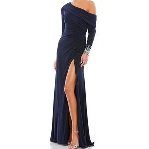 Mac Duggal Evening Jewel Cuffed Asymmetrical Long Gown high slit leg navy formal